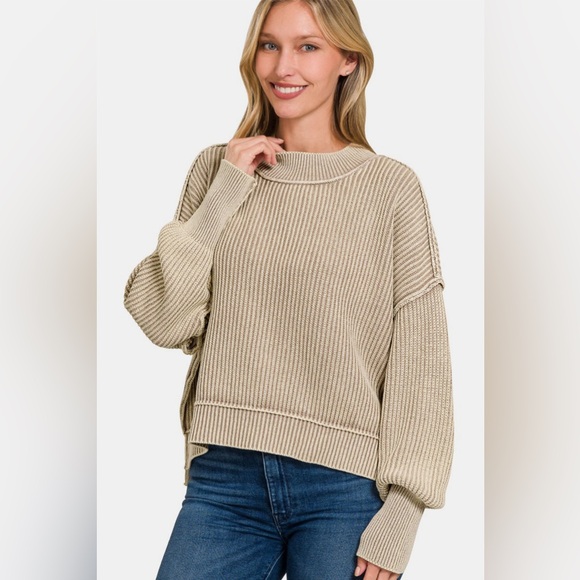 Zenana Exposed Seam Round Neck Dropped Shoulder Sweater 10010030232 - Picture 1 of 3